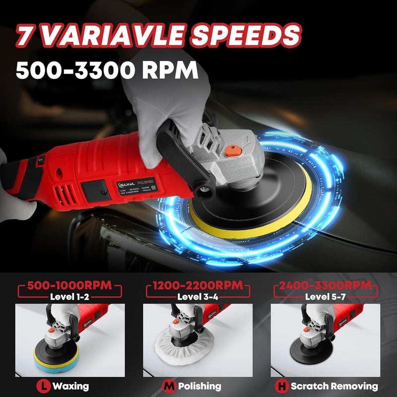 SILVEL Buffer Polisher, 1600W 7 Inch/6 Inch Polisher for Car Detailing, Wax Machine, 7 Variable Speed, with 6 Foam Pads, 3 Wool Pads, Packaging Bag, for Boat Polishing and Waxing - Image 3